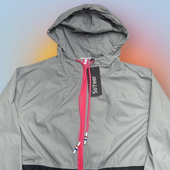 SOTEER Women’s Medium Gray Pink Black Full Zip Windbreaker Jacket - Picture 2 of 5